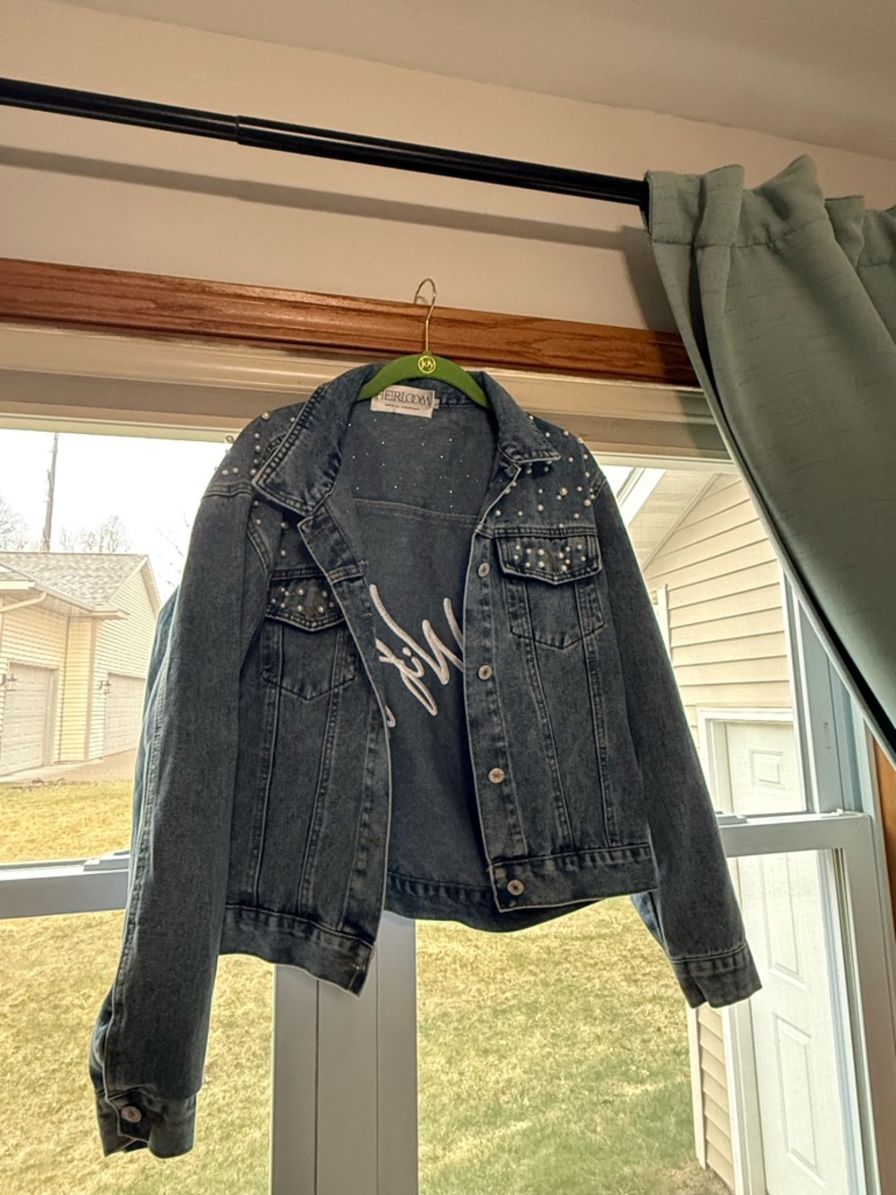Pearl-Embellished Dark Wash Denim Jacket